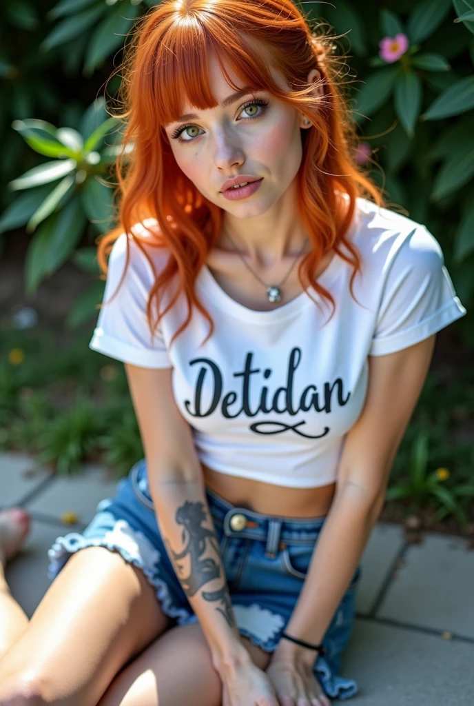 Orange hair woman with a tattoo on arm blue dress with polka dots