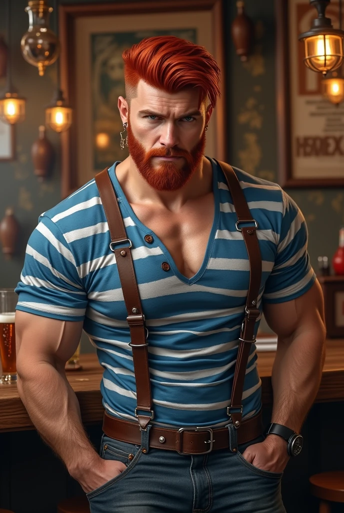white man with red hair and beard, he is wearing black leather harness, he has his beautiful penis showing, BDSM environment red lights