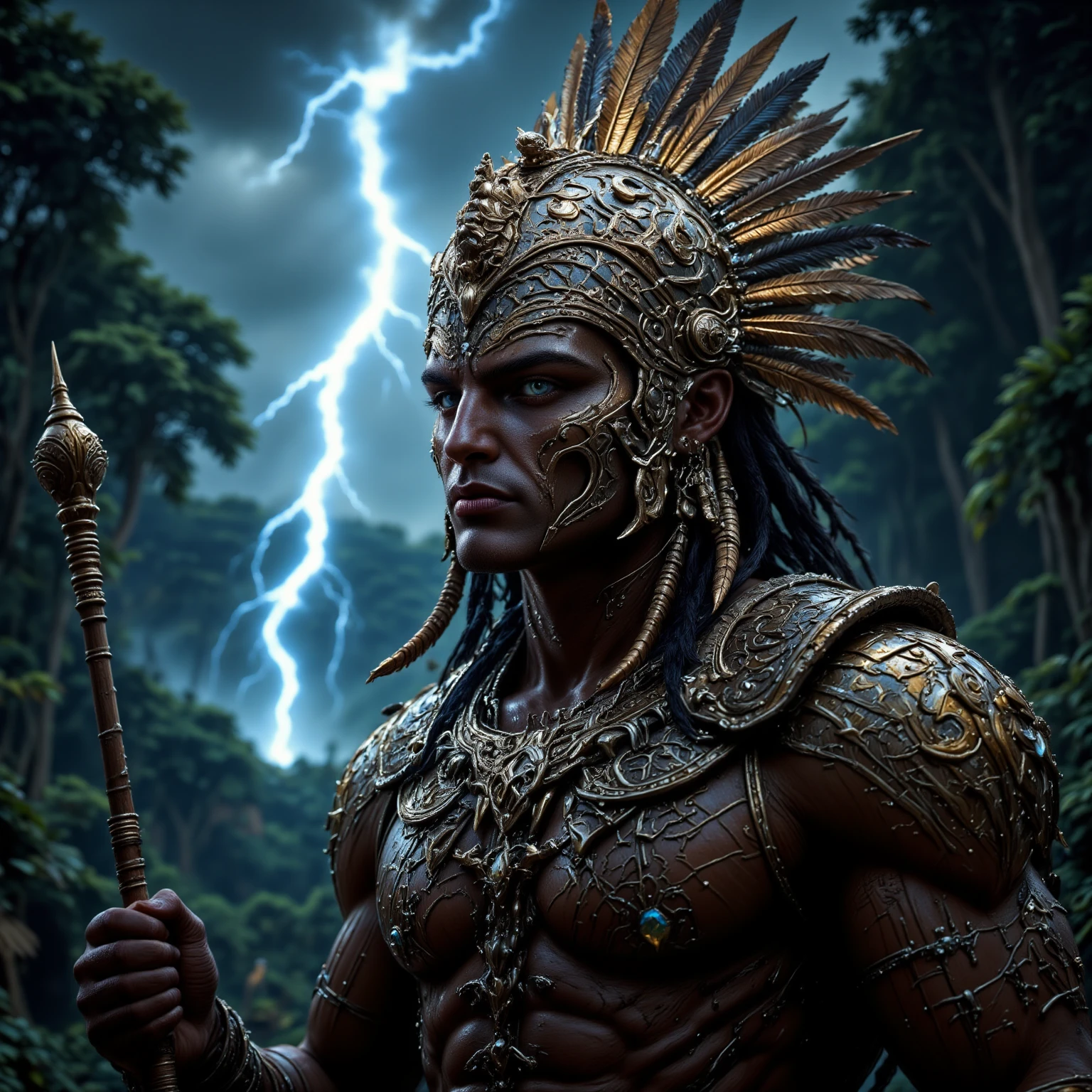 (Extremely detailed 8K wallpaper), realistic image of the Brazilian Indian God Tupã, The god of thunder and rain. to life He must be represented as a warrior Strong and powerful indigenous, with a serious and determined expression. He must be dressed in traditional indigenous clothing, like a feather headdress and a necklace of animal teeth.  on your hands, he must hold a lightning bolt or a wooden stick, symbolizing his power over thunder and rain. No fundo, include a Brazilian tropical landscape, with tall trees and a storm cloud approaching. Use vibrant colors and intricate details to bring the image. He must emanate strength and authority, ((high detail)), Best Quality, Anatomically correct, viewed from below, costume with depth of field,   Awarded multiple times  , Ultra HD, costume with depth of field, cinematic lighting, 