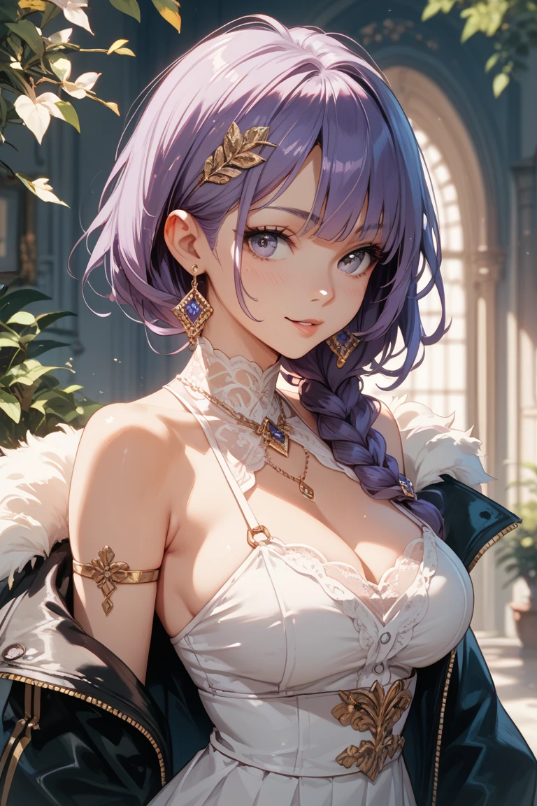 1girl, kirara \(blue archive\), black choker, black horns, blush, big breasts, choker, cleavage, collarbone, tiny suit, demon horns, double buns, earrings, fangs, fingernails, hair bun, horns, jewelry, large breasts, long fingernails, longhair, looking down at viewer, nail polish, open eyes, smirk, closed mouth, teasing look, purple hair, pink nails, red eyes, ring, smirk, solo, wet skin, looking down, (masterpiece), (best quality), (ultra-detailed), very aesthetic, illustration, perfect composition, moist skin, intricate details, mysterious, fantasy,Boho-Chic Greek Goddess, Sun Goddess Headband, Earrings, Necklace