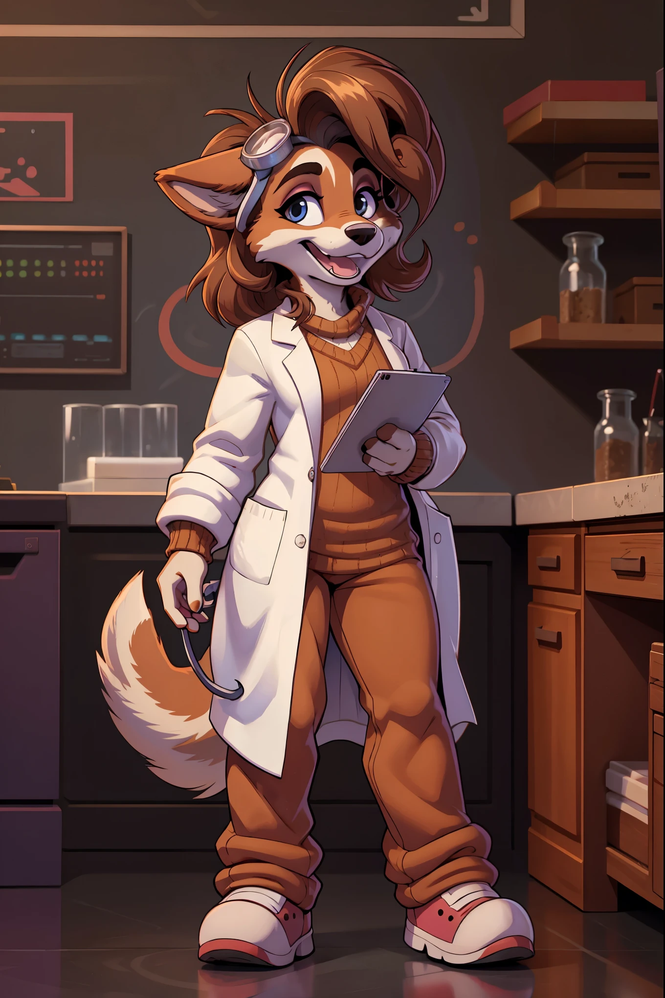 feminine , Alone , border collie, full body image, standing, knitted brown sweater and lab coat, mad scientist , suéter oversize, Smile like mad scientist, happy, happy, dog tail, cartoon style