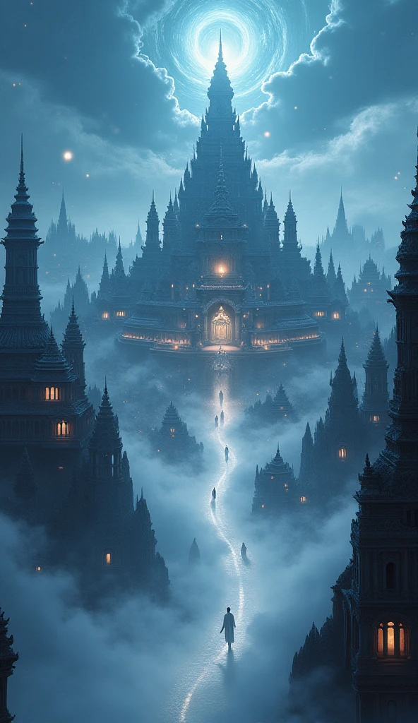 Create a mesmerizing otherworldly cityscape inspired by Hindu afterlife mythology. The scene is shrouded in thick, swirling mist that reveals glimpses of ancient, ethereal architecture - intricate temple spires reaching towards a dark indigo sky, adorned with celestial beings and mythical creatures. The city floats amidst a sea of fog, with ghostly spirits in flowing white garments gliding through the streets.

The atmosphere is both eerie and beautiful, with a sense of ancient mysticism and spiritual energy. The lighting is dramatic, with otherworldly glows emanating from floating orbs and spiritual auras. The composition should convey a sense of depth and scale, with the city stretching into the misty distance.
Incorporate traditional Hindu iconography and architectural elements, such as intricate carvings, lotus motifs, and sacred symbols, blended with a surreal, dreamlike quality. The overall mood is one of reverence and wonder, tempered by a hint of foreboding, creating a visually stunning representation of the spirit realm.
Style: Digital painting with detailed linework and rich, contrasting colors. Use a combination of photorealistic and stylized elements to create a sense of otherworldly beauty.