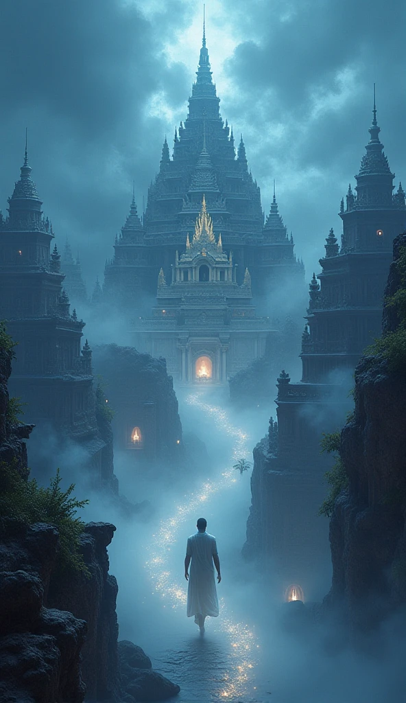 Create a mesmerizing otherworldly cityscape inspired by Hindu afterlife mythology. The scene is shrouded in thick, swirling mist that reveals glimpses of ancient, ethereal architecture - intricate temple spires reaching towards a dark indigo sky, adorned with celestial beings and mythical creatures. The city floats amidst a sea of fog, with ghostly spirits in flowing white garments gliding through the streets.

The atmosphere is both eerie and beautiful, with a sense of ancient mysticism and spiritual energy. The lighting is dramatic, with otherworldly glows emanating from floating orbs and spiritual auras. The composition should convey a sense of depth and scale, with the city stretching into the misty distance.
Incorporate traditional Hindu iconography and architectural elements, such as intricate carvings, lotus motifs, and sacred symbols, blended with a surreal, dreamlike quality. The overall mood is one of reverence and wonder, tempered by a hint of foreboding, creating a visually stunning representation of the spirit realm.
Style: Digital painting with detailed linework and rich, contrasting colors. Use a combination of photorealistic and stylized elements to create a sense of otherworldly beauty.