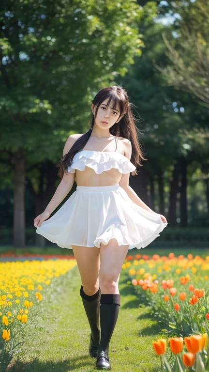 Masterpiece、high resolution、Japanese girl、Walking in the park、Mini skirt dress、Over the knee socks、A dynamic pose