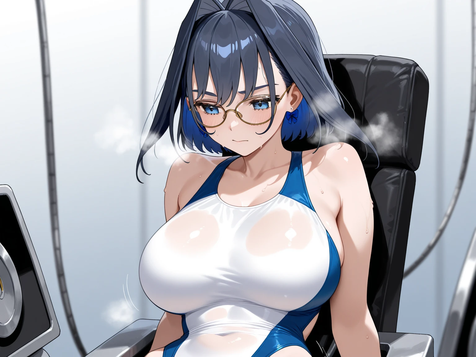 NSFW,(super fine illustration,8k cg wallpaper,highest quality,very detailed,ultra high resolution,best aesthetics),(cowboy shot,From before),Idol Master, {{{haruna Kamijo}}}, (20 years, beautiful girl), (beautiful brown eyes),((((beautiful black hair)))), ((short hair)), (((blue rim glasses))), (wet hair), (wet skin), ((Sweat)), ((vapor)), (flat chest,medium chest), (expensive), (thin), (((Blue Cyber Suit))), ((((See-through))),((open clothes)), ((pubic black hair:1.5)), ((((On stage)))), ((((spread your legs)))),((spread your pussy:1.5)),(open your mouth), (big smile), ((stick out tongue)),(Nice touch), (one eye closed),((turn your arms behind your back)),((((headset)))),(Bukkake, ejaculation on body:1.5),(Bukkake, cum on face:1.1),((Bukkake, cum in hair:1.2),(ecstasy),((((sex,Cowgirl,throw)))),((semen)),{{Crowd of male onlookers}},