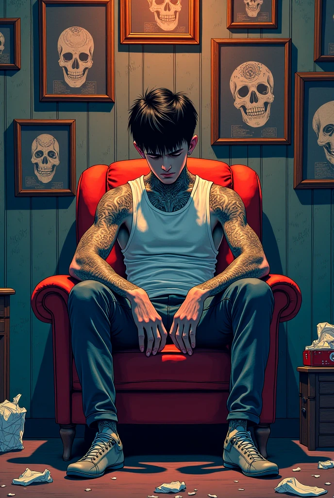 A yong tatooed man sitting in a chair while looking with regret and dippointement in romm full of pictures of skulls anime style