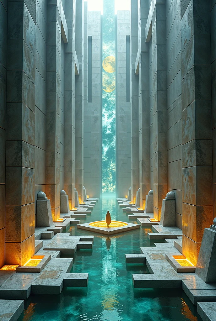 A massive hilltop estate designed as an open-air crystal labyrinth, with walls made from angular slabs of silver-streaked granite and glowing golden quartz. The maze reconfigures itself in response to moon cycles, shifting pathways and unlocking hidden chambers. Magical symbols drift midair, marking safe routes with glimmers of light. At the center, a levitating dome of enchanted glass emits waves of protective force. Pools of liquid crystal reflect the stars and are used to power the labyrinth’s magical defense matrix.