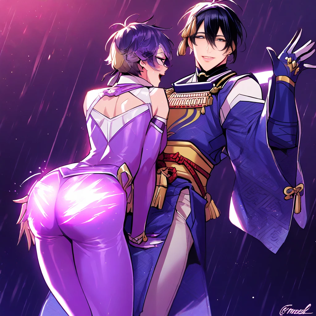 sex(1 boy, 1girl, orgasm, convulsions, nsfw), cure slave(magical girl, blue eye, purple hair, long straight hair, dark purple dress, gold vertical line in black coat), standing, half leg up,