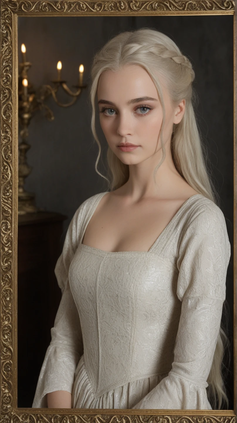 Medieval Targaryen woman with platinum blonde hair that falls in soft, glossy waves to her waist, each strand shimmering like silver. Her skin is pale and flawless, almost porcelain in texture, with a subtle, natural glow. Her violet eyes are intense and striking, framed by long, dark lashes that make them appear even more captivating. Her face is angular and regal, with high cheekbones, a delicate, straight nose, and full, soft lips. Her jawline is sharp, lending her an air of both elegance and strength.

Her figure is tall and slender, with a graceful, composed posture. She carries herself with quiet confidence, every movement fluid and deliberate. She wears a medieval maroon dress with silver accents. Rhaenyra and Daenerys targaryen