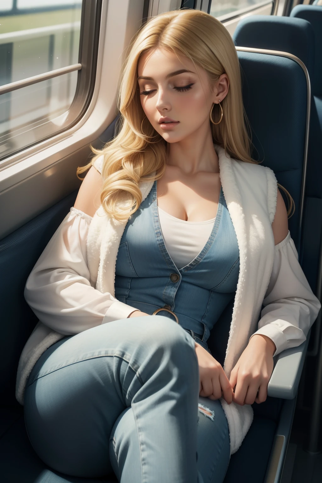1 beautiful woman, large body, young blonde, eyes closed, blonde woman, face made up, eyelids outlined with makeup, long eyelashes, eyelids made up, eyelids outlined with makeup, White long-sleeved shirt, ANIMAL FUR VEST, small EARRINGS, Jeans BLUE long, CREAM high HEELS shoes, blue BAG, asleep with her mouth open, asleep leaning against the train seat, arms down, MOUTH OPEN, head LEANING on the train window.