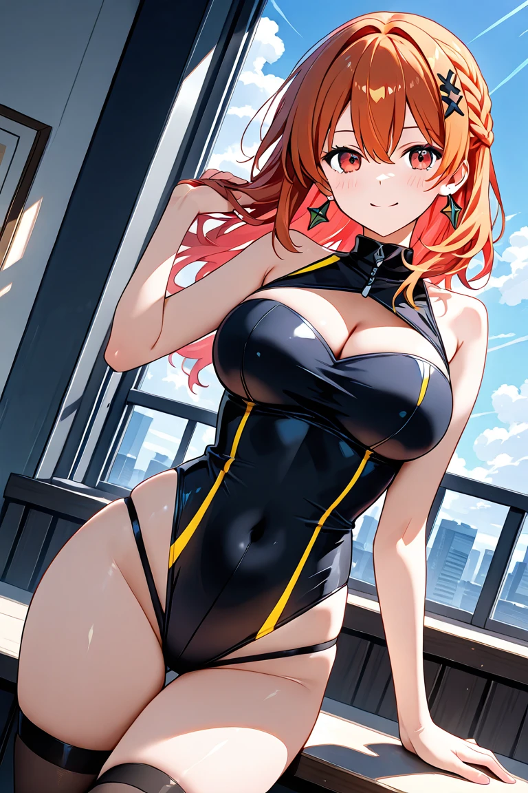Female ,Embarassed, shy, Round orange glass glasses, big breasts, Short orange hair, Small hips