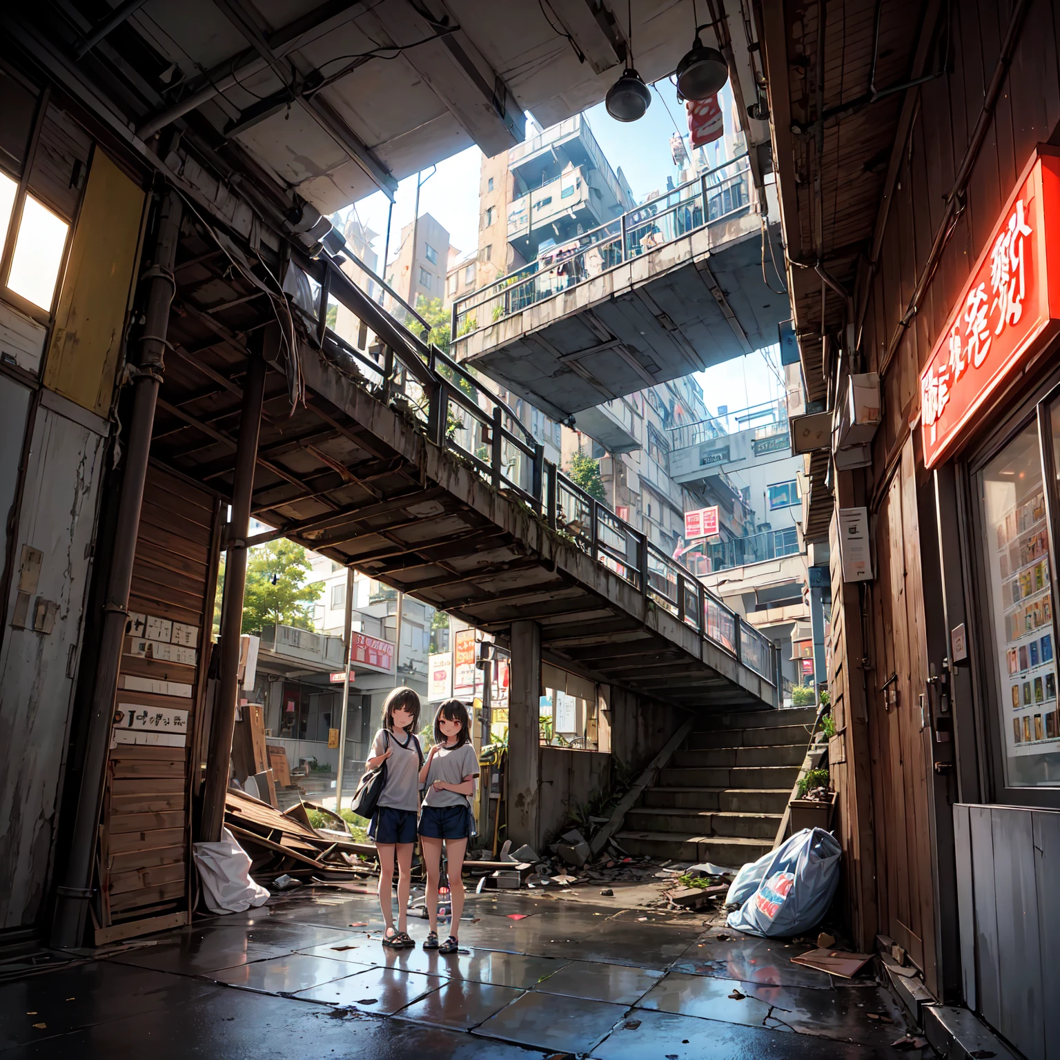 
(( masterpiece 、 top quality 、 Official Art 、 Unity 8   ｋ wallpaper))、 evening、  night  、((( 3 girls、two girls in summer clothes 、Detailed Faces、smile)))、(chimney、 ???? Poses to Seduce Poor Environments 、 Collapsed Building、neon signs、Conspicuous Standing Bars、On-the-road sales、 rusted vending machine、Accidental Tourist Facilities、Ruined Hot Springs 、Battleship Island、   Showa Retro:1.2)、(dirty、Bulky trash、Stairs to the basement、Mysterious Underpass )、( T-SHIRT:0.Short Pants and Long Pants:0.8)