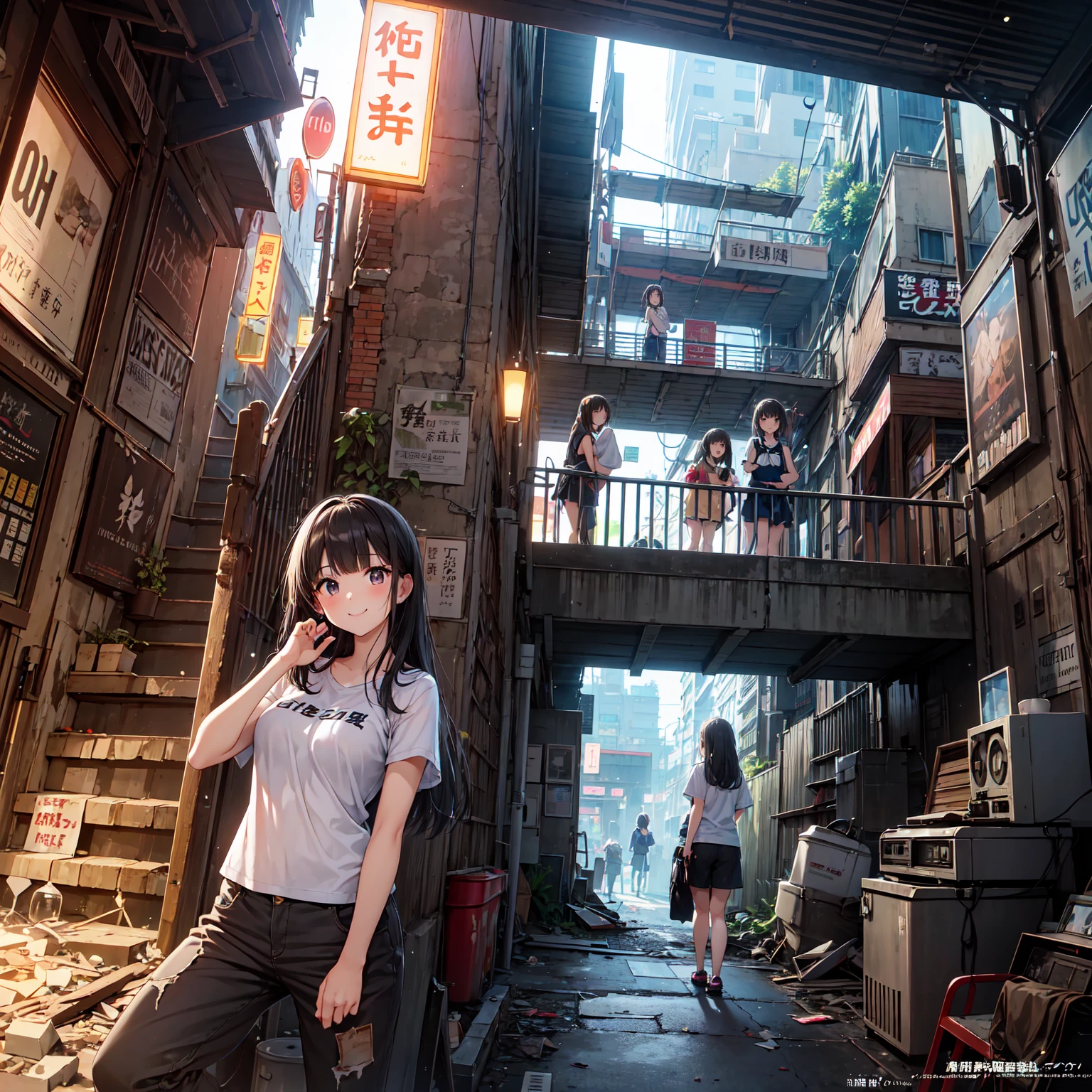 
(( masterpiece 、 top quality 、 Official Art 、 Unity 8   ｋ wallpaper))、 evening、  night  、((( 3 girls、two girls in summer clothes 、Detailed Faces、smile)))、(chimney、 Sexy Poses to Seduce Poor Environments 、 Collapsed Building、neon signs、Conspicuous Standing Bars、On-the-road sales、 rusted vending machine、Accidental Tourist Facilities、Ruined Hot Springs 、Battleship Island、   Showa Retro:1.2)、(dirty、Bulky trash、Stairs to the basement、Mysterious Underpass )、( T-SHIRT:0.Short Pants and Long Pants:0.8)