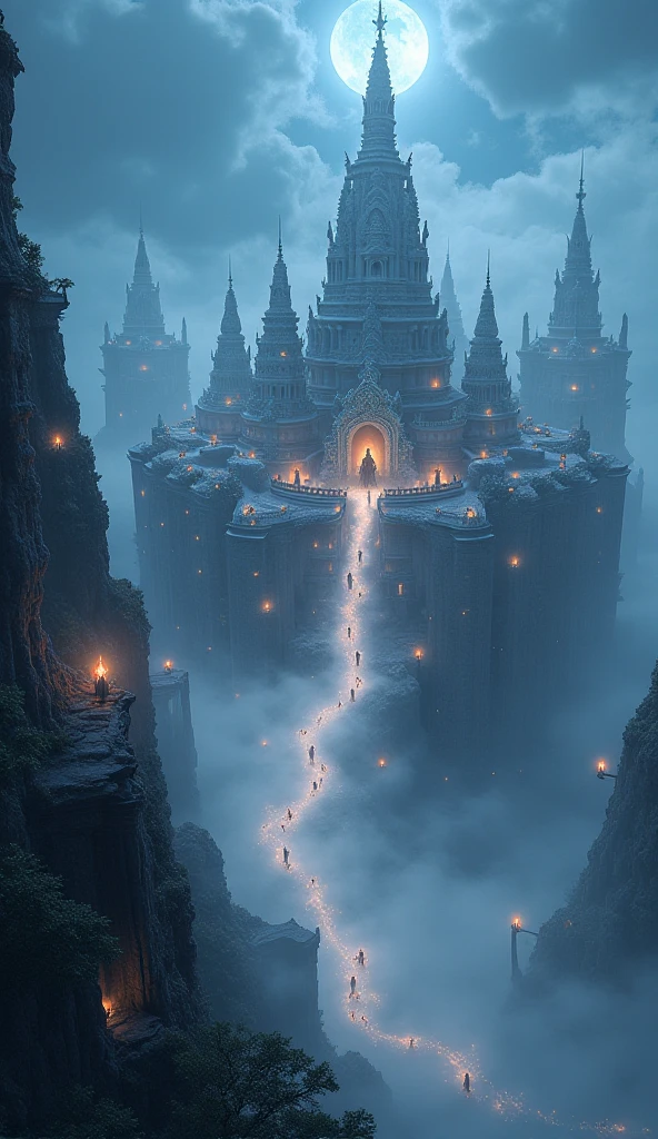 Create a mesmerizing otherworldly cityscape inspired by Hindu afterlife mythology. The scene is shrouded in thick, swirling mist that reveals glimpses of ancient, ethereal architecture - intricate temple spires reaching towards a dark indigo sky, adorned with celestial beings and mythical creatures. The city floats amidst a sea of fog, with ghostly spirits in flowing white garments gliding through the streets.

The atmosphere is both eerie and beautiful, with a sense of ancient mysticism and spiritual energy. The lighting is dramatic, with otherworldly glows emanating from floating orbs and spiritual auras. The composition should convey a sense of depth and scale, with the city stretching into the misty distance.
Incorporate traditional Hindu iconography and architectural elements, such as intricate carvings, lotus motifs, and sacred symbols, blended with a surreal, dreamlike quality. The overall mood is one of reverence and wonder, tempered by a hint of foreboding, creating a visually stunning representation of the spirit realm.
Style: Digital painting with detailed linework and rich, contrasting colors. Use a combination of photorealistic and stylized elements to create a sense of otherworldly beauty.
