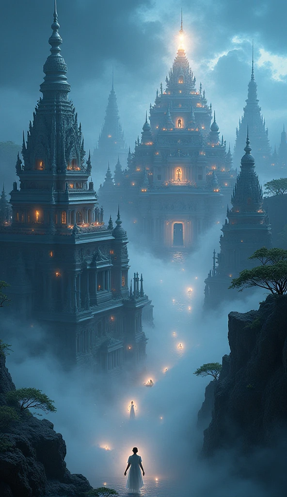 Create a mesmerizing otherworldly cityscape inspired by Hindu afterlife mythology. The scene is shrouded in thick, swirling mist that reveals glimpses of ancient, ethereal architecture - intricate temple spires reaching towards a dark indigo sky, adorned with celestial beings and mythical creatures. The city floats amidst a sea of fog, with ghostly spirits in flowing white garments gliding through the streets.

The atmosphere is both eerie and beautiful, with a sense of ancient mysticism and spiritual energy. The lighting is dramatic, with otherworldly glows emanating from floating orbs and spiritual auras. The composition should convey a sense of depth and scale, with the city stretching into the misty distance.
Incorporate traditional Hindu iconography and architectural elements, such as intricate carvings, lotus motifs, and sacred symbols, blended with a surreal, dreamlike quality. The overall mood is one of reverence and wonder, tempered by a hint of foreboding, creating a visually stunning representation of the spirit realm.
Style: Digital painting with detailed linework and rich, contrasting colors. Use a combination of photorealistic and stylized elements to create a sense of otherworldly beauty.