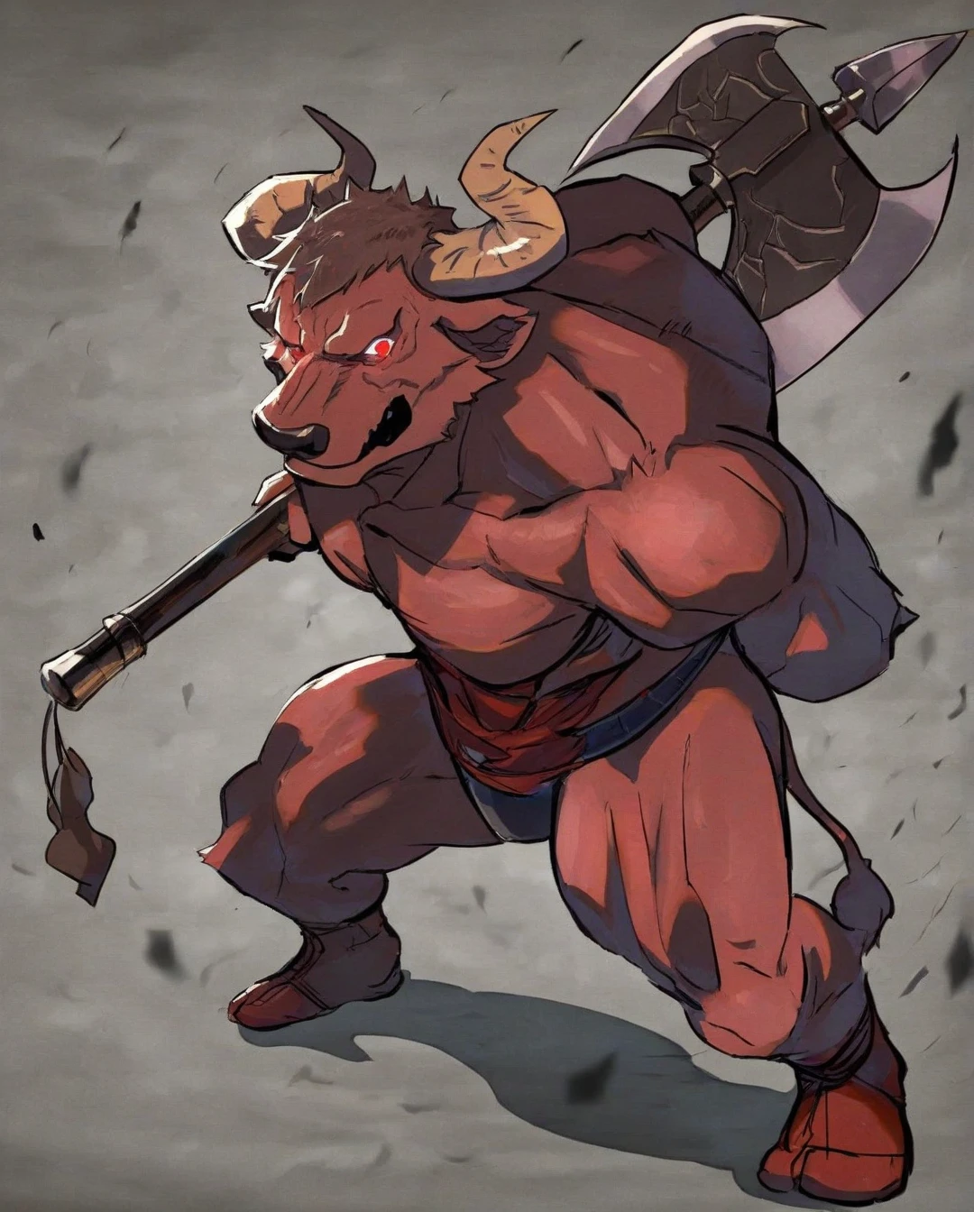 Cartoon close-up of a horned bull, Lumpaulin,minotaur, Muscular bull-headed man, minotaur, male centaur centaur chimera, beefy, muscled humanoid balrog demon, Minotaur from the path of exile, half man half asian black bull, Portrait of the Minotaur, Strong and dignified々and has