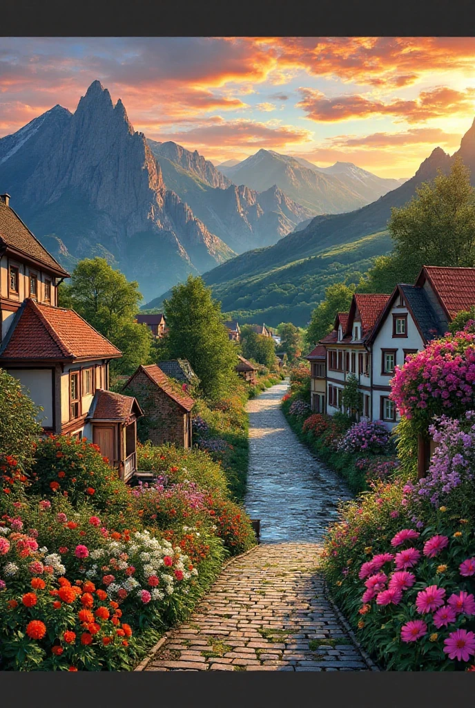 a small village by the river, mountains in the background, floral flowers colorful, detailed landscape, Beautiful natural landscapes, atmospheric lighting, scorching sunset, warm colours, practical, photopractical, Detailed Foliage, complex buildings, cobblestone street, Charming country house, swirly vibrant colors, lush vegetation, Still water reflections, Picturesque, idyllic, work of art, best qualityer, 8k, extremely detaild,anime styling