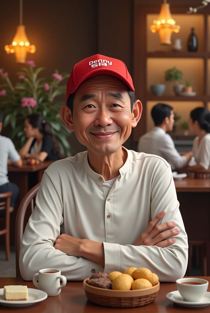 

 An Indonesian man ,real indonesian face ethnic makassar, smiling 58 year old thin faced slightly thin and old his face is plain clean, there are slight wrinkles in the eyes a sign of age.his face is clean without a mustache and a beard,serious eye gaze,wears a long-sleeved white shirt and a white inner t-shirt, and wear a red sports cap with the inscription "Denny SB", sitting in a fancy restaurant, In front of a table there are ssgaks of tea and light meals,kue,blur background of a fancy restaurant room many people are eating and relaxing,With 2 decorative hanging lamps there are shelves and luxurious flowers and decorative lights.make a detailed and nice picture.

