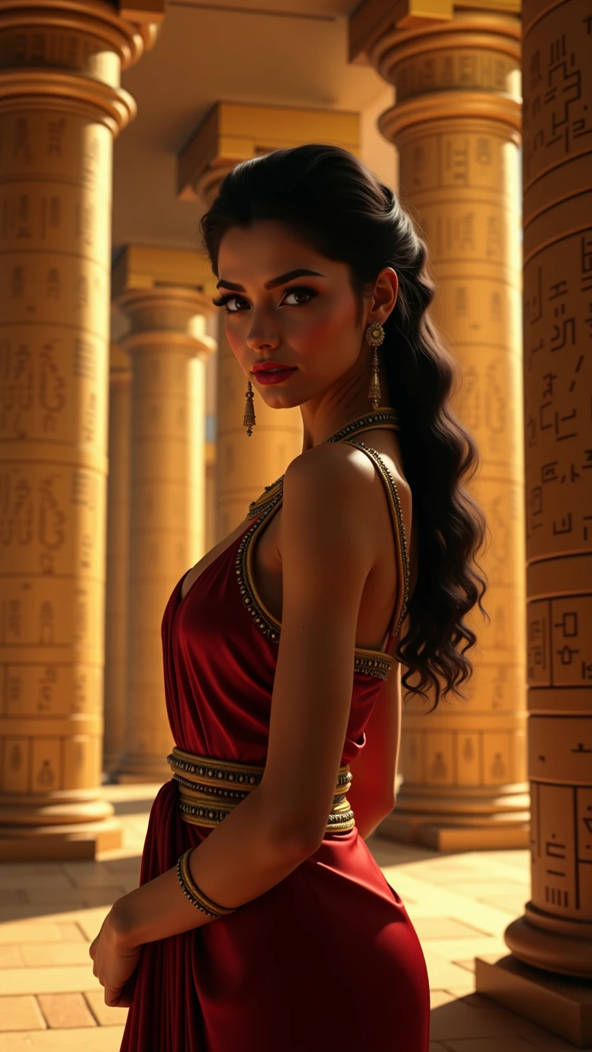  Young woman from ancient Egypt. Linda, sedutora , with red lipstick, Well made up .  period clothing .
In the Palace with walls in hieroglyphics, with its beautiful columns in a sunset light. Realistic Image 