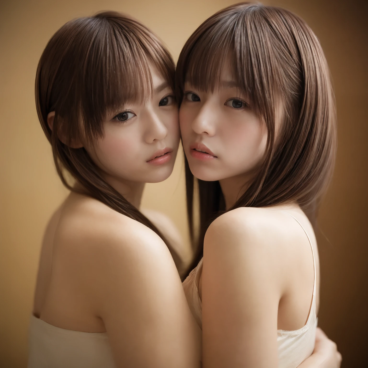 (8K, RAW photo, masterpiece:1.2), (realistic photo), (photorealistic:1.37), ultra-detailed, ultra-high-resolution, cinematic lighting, grainy film texture, taken in a professional photo studio, Japanese young identical twin sisters, dramatic lighting, artistic composition
... embracing closely, eyes locked, conveying deep emotional intimacy and longing