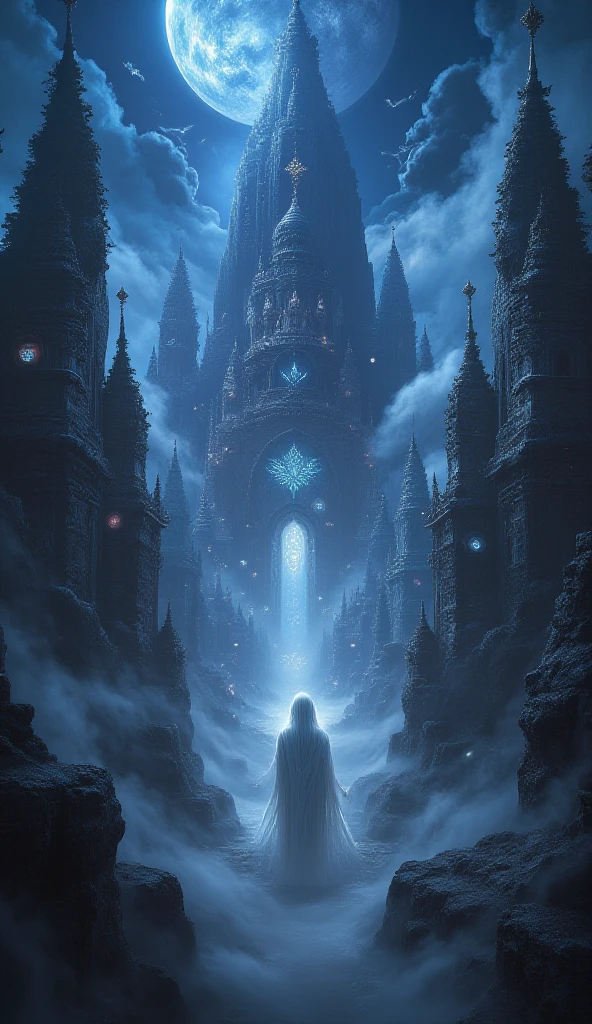 Create a mesmerizing otherworldly cityscape inspired by Hindu afterlife mythology. The scene is shrouded in thick, swirling mist that reveals glimpses of ancient, ethereal architecture - intricate temple spires reaching towards a dark indigo sky, adorned with celestial beings and mythical creatures. The city floats amidst a sea of fog, with ghostly spirits in flowing white garments gliding through the streets.

The atmosphere is both eerie and beautiful, with a sense of ancient mysticism and spiritual energy. The lighting is dramatic, with otherworldly glows emanating from floating orbs and spiritual auras. The composition should convey a sense of depth and scale, with the city stretching into the misty distance.
Incorporate traditional Hindu iconography and architectural elements, such as intricate carvings, lotus motifs, and sacred symbols, blended with a surreal, dreamlike quality. The overall mood is one of reverence and wonder, tempered by a hint of foreboding, creating a visually stunning representation of the spirit realm.
Style: Digital painting with detailed linework and rich, contrasting colors. Use a combination of photorealistic and stylized elements to create a sense of otherworldly beauty.