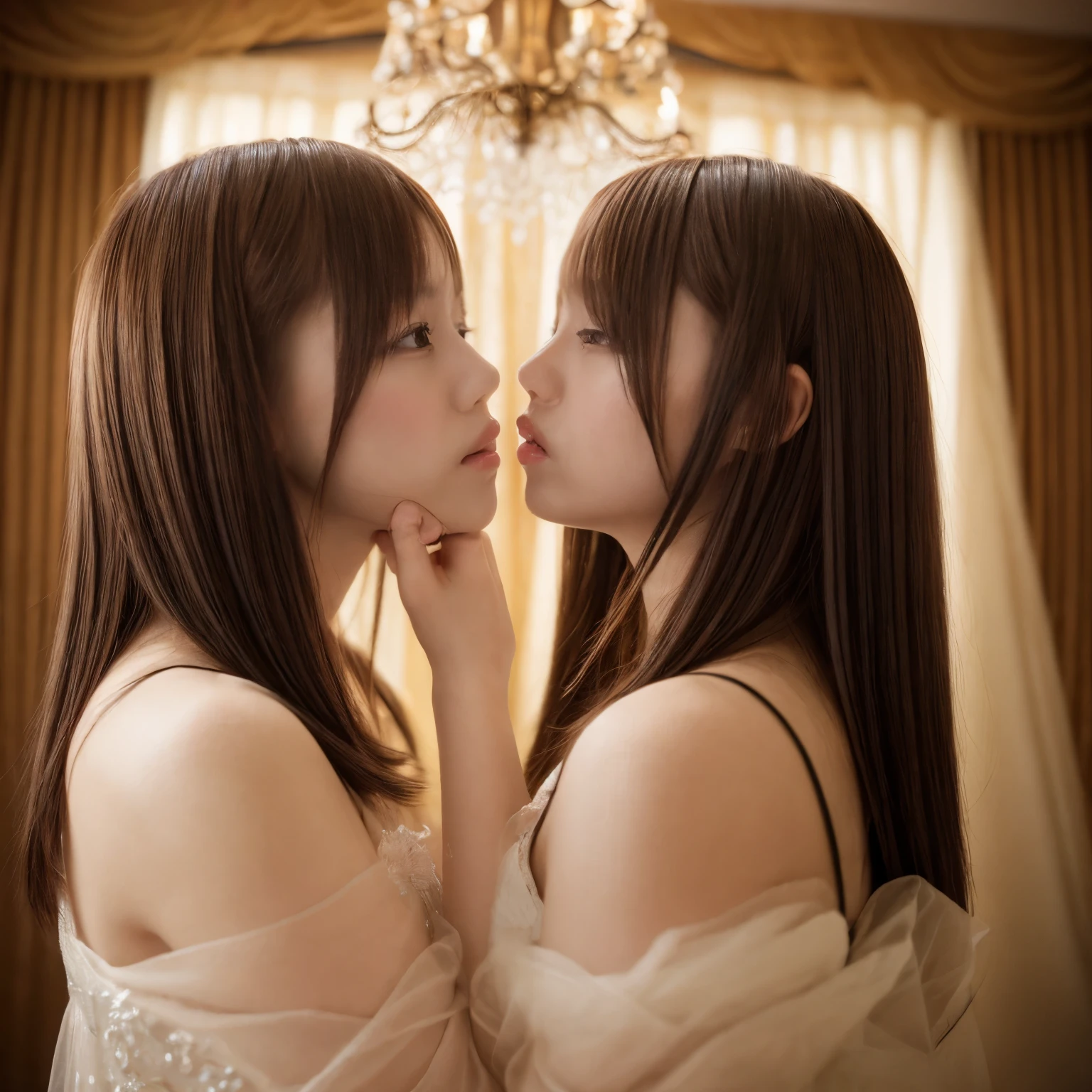 identical twin sisters kissing、highest quality, masterpiece, ultra high resolution, (realistic: 1.4), Raw photo, 1 girl, black hair, shiny skin, fine eyes, dramatic lighting, attractive performance, long bangs, cleanliness,