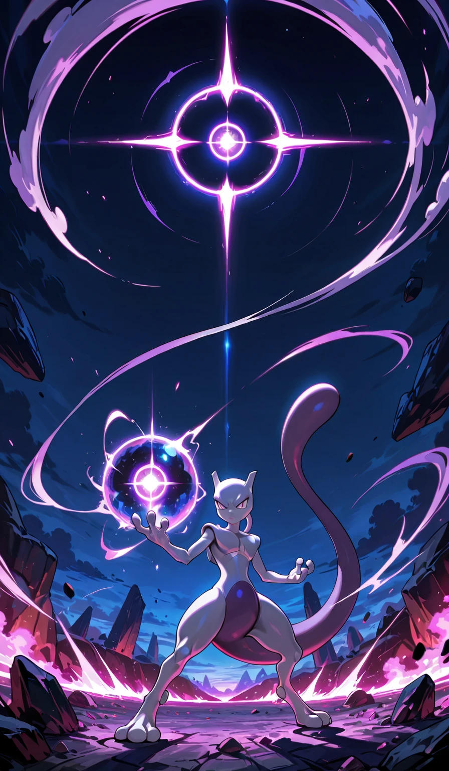 (Pokemon), (Mewtwo), ((Alone, Solo)), Using Shadow Ball, Dark Night, Terrain Battle Field Background, (Masterpiece, Ultra Quality, 8k), Showing Psychic Powers, Best Quality, Serious Battle, Overwhelming Psychic Power, rocks floating in the air because of Psychic Power, destroying the Terrain Field, Cowboy Shot View