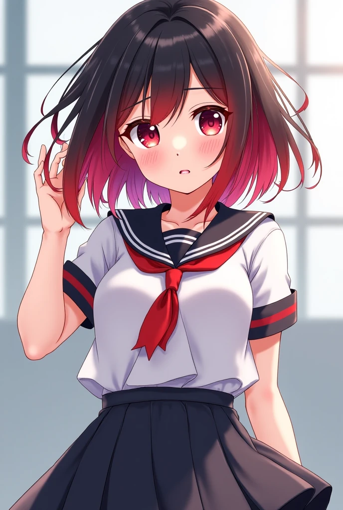 yuukikonno, Yuki Konno, hair band, Long Hair, Pointy Ears, Purple Hair,blush, Embarrassing,Open your mouth,(Red eyes:1.5), (Small breasts:1.2), uniform(Purple sailor suit),Short sleeve,Purple pleated skirt,White tights,She is sitting on a chair and taking off her white tights,Wet Hair,Wet Skin、Wet clothes,There is a towel on the desk,window(rain,Cloudy) break looking at viewer, Upper Body, whole body,(Cowboy Shot:1. 5)
break indoors, room,
break (masterpiece:1.2), highest quality, High resolution, unity 8k wallpaper, (shape:0.8), (Beautiful and beautiful eyes:1.6), Highly detailed face, Perfect lighting, Highly detailed CG, (Perfect hands, Perfect Anatomy),