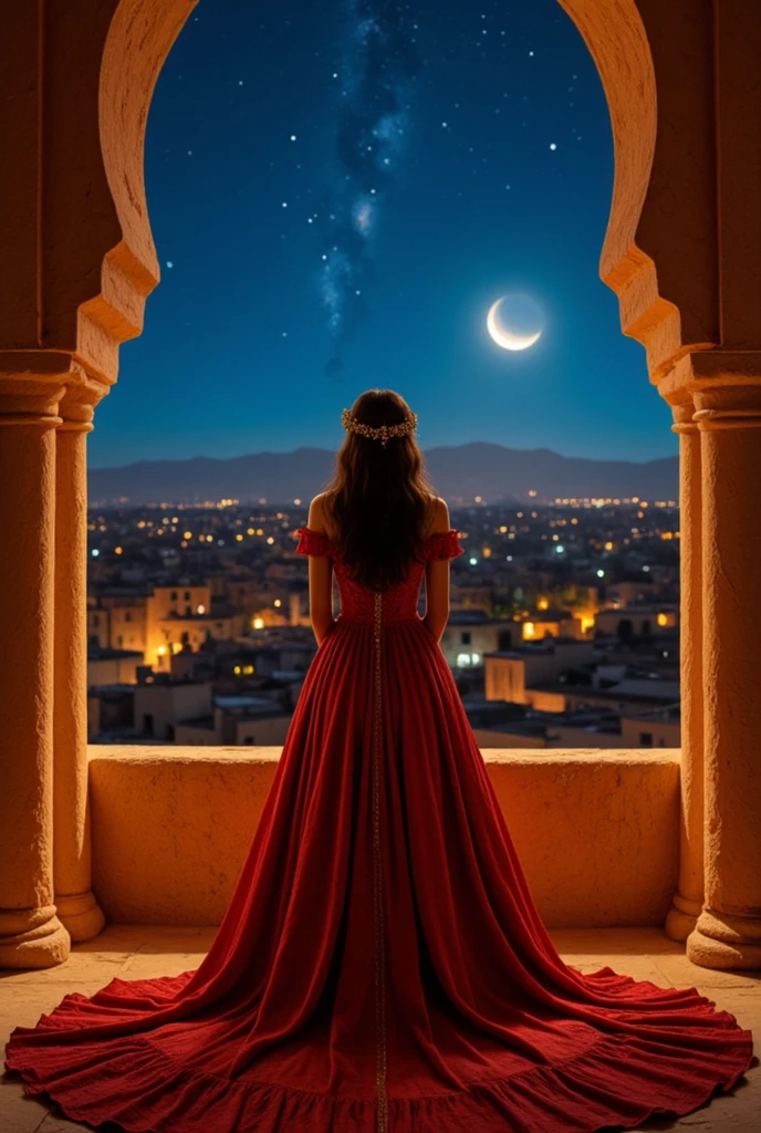 An extremely beautiful Moroccan princess on the balcony at midnight, Fantastic night panorama 
