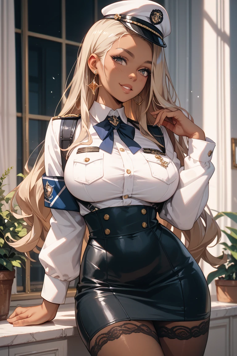 (best quality:1.5, highres, UHD, 4K, detailed lighting, shaders), gold floral haired, gradient hair, extra large breasts, suit, gray shirt, social shirt, short skirt, big thighs,  big butt, mature woman , (pov), white background, colorful eyeshadow, dramatic lighting, sparkling eyes, sensual expression, golden earrings, flowing hair, delicate facial features, dark skin, high cheekbones, urban setting, black background, dont look for the camera, lean forward,  behind  the camera