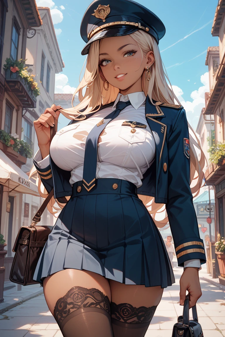 1girl, solo, (wide shot), Beautiful 25 year old woman, pacific islander, (dark skin:1.4), large breasts, hands between her legs, blonde hair, wavy hair, blazer, lace bra, (dress shorts:1.2), (pantyhose:1.2), on a plane, sexy pose, seductive pose, erotic pose, 122305