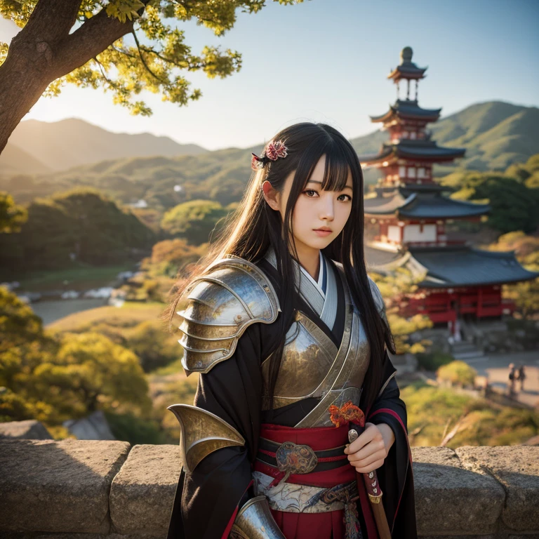 Japanese girls, long black hair、cute beautiful girl Sengoku period、Dragon Armor、posture holding a sword