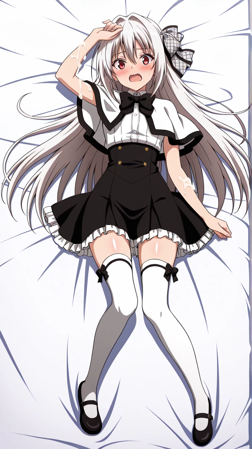 score_9, score_8_up, score_7_up, BREAK source_anime, rating_explicit, best quality, masterpiece, uncensored,1girl,((sweat)),blush,(steam),rena, twintails, very long hair, white gloves, puffy short sleeves, cleavage cutout, two-tone dress, asymmetrical legwear, mismatched legwear, thighhighs, black footwear,null_(nyanpyoun),m legs,pov
