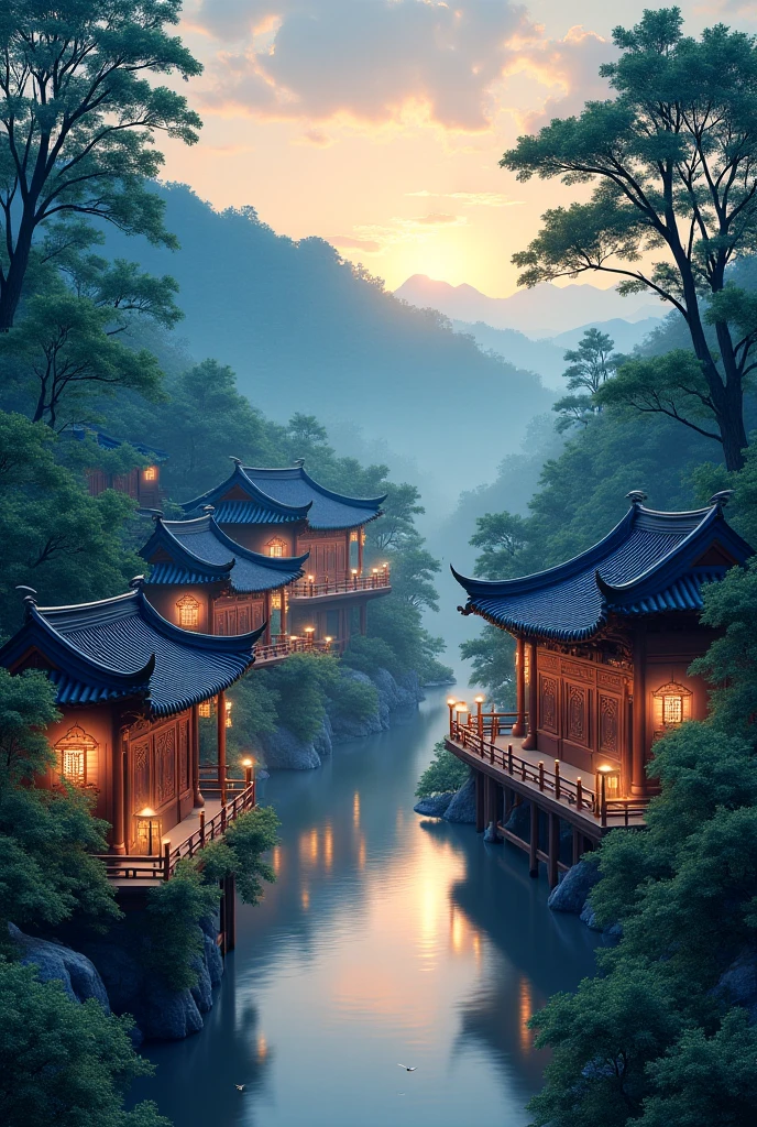Make an evening anime set with old Chinese houses and trees