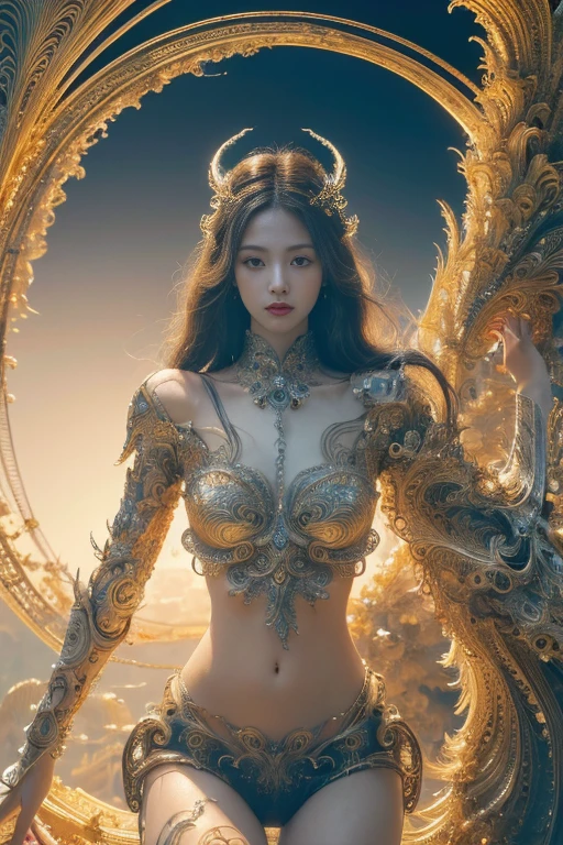 by Jason Chan, Wild Immortals dance amidst swirling mists, each adorned in vibrant, celestial garments, embodying the untamed forces of nature, (magnificent background, full of details:1.2), (technological, futurist:1.2), Cybernetic Baroque, baroque-inspired aesthetics merged with cybernetic elements, intricate details with a futuristic edge, ornamental complexity, (masterpiece, intricate details:1.2), looking at viewer, dynamic pose, style of Nicola Samori 