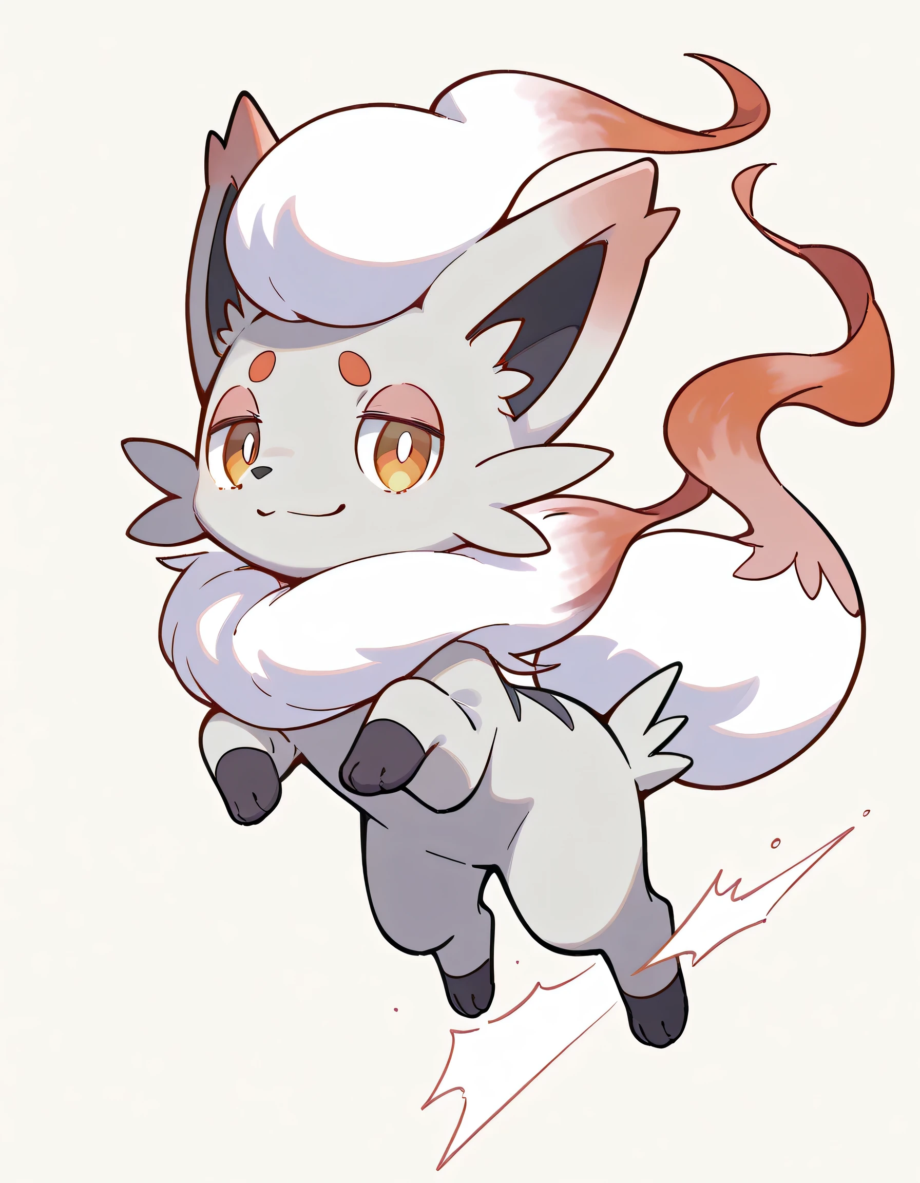 dynamic jumping pose,smile,looking at viewer,white Hisuian Zorua(pokemon),soft lineart,flat background,