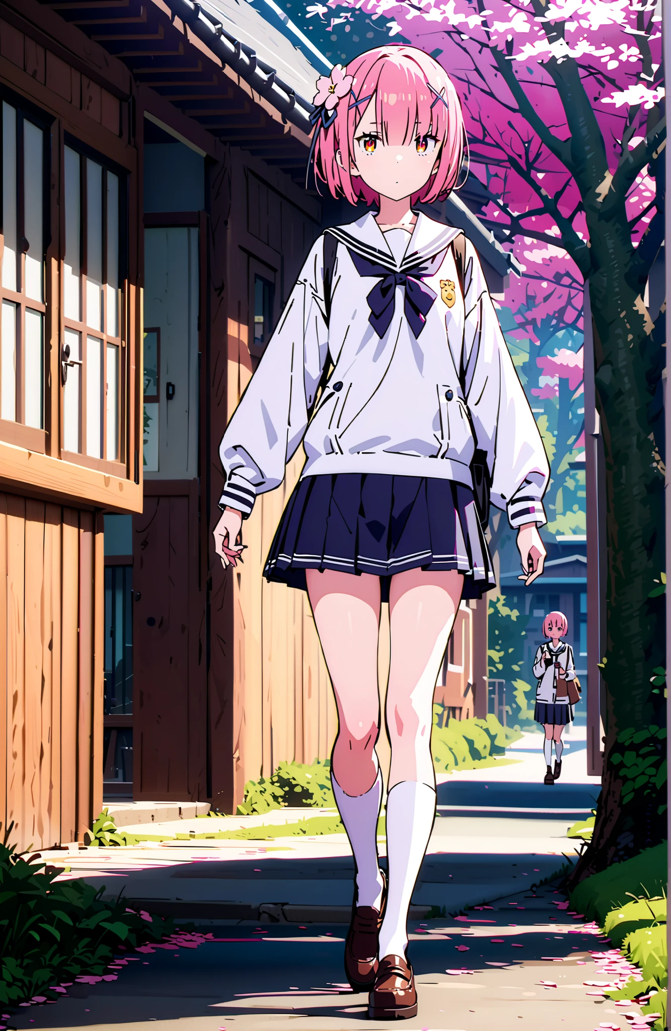 Ram, hair flower, Hair Ornament, hair on one eye, pink hair, Red Eyes, short hair, x Hair Ornament,white sailor suit,long sleeve, black mini pleated skirt ,white thigh high socks,loafers,Student bag 1 :1,cherry blossoms,is walking,morning,full bodyがイラストに入るように,break looking at viewer,full body,
break outdoors, residential area,
break (masterpiece:1.2), best quality in bronze, high resolution, Unity 8Kの壁紙, ( illustration :0.8), (beautiful detailed eyes:1.6), highly detailed face, perfect lighting, highly detailed CG, (perfect hand, perfect anatomy),