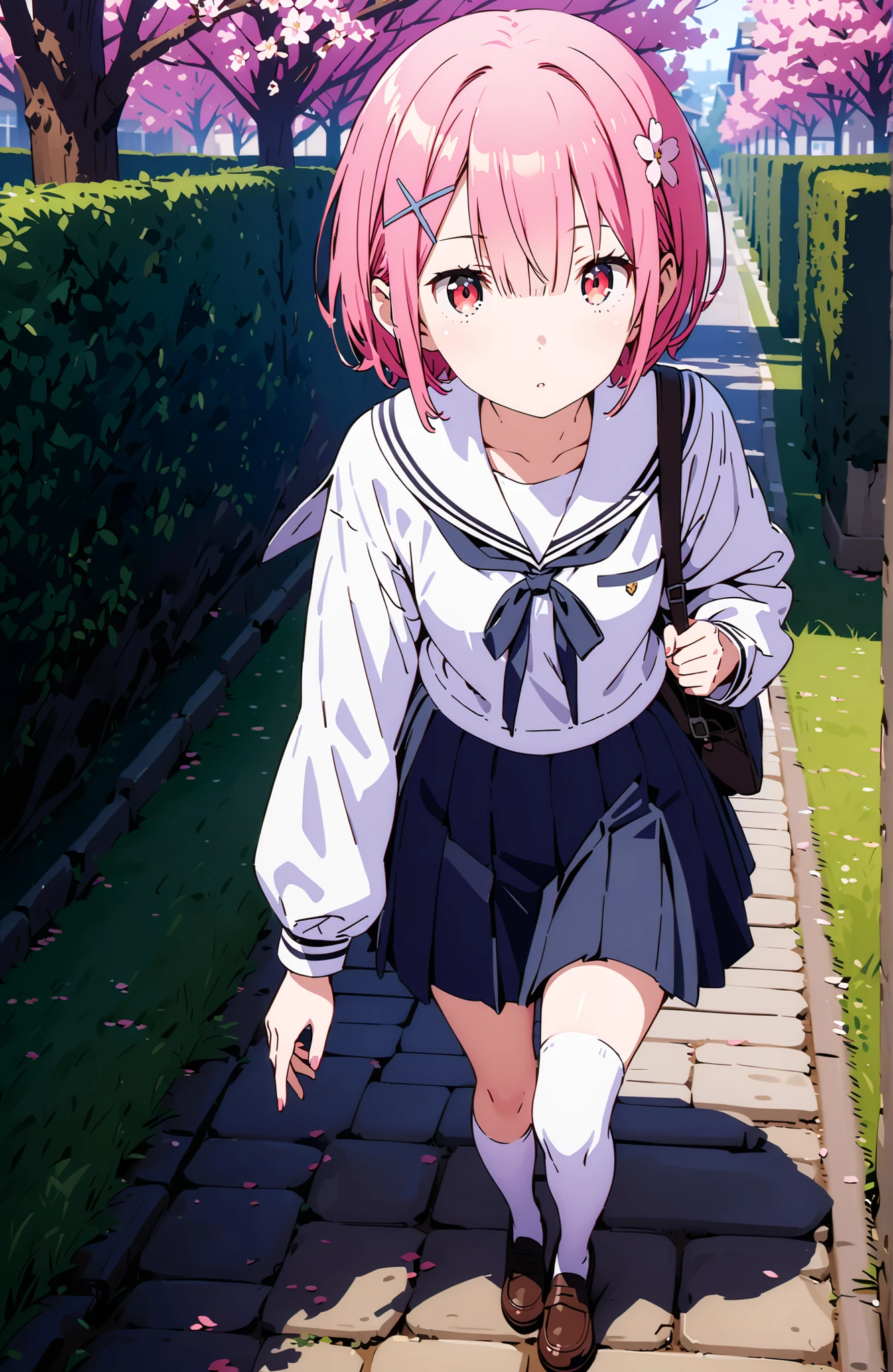 Ram, hair flower, Hair Ornament, hair on one eye, pink hair, Red Eyes, short hair, x Hair Ornament,white sailor suit,long sleeve, black mini pleated skirt ,white thigh high socks,loafers,Student bag 1 :1,cherry blossoms,is walking,morning,full bodyがイラストに入るように,break looking at viewer,full body,
break outdoors, residential area,
break (masterpiece:1.2), best quality in bronze, high resolution, Unity 8Kの壁紙, ( illustration :0.8), (beautiful detailed eyes:1.6), highly detailed face, perfect lighting, highly detailed CG, (perfect hand, perfect anatomy),