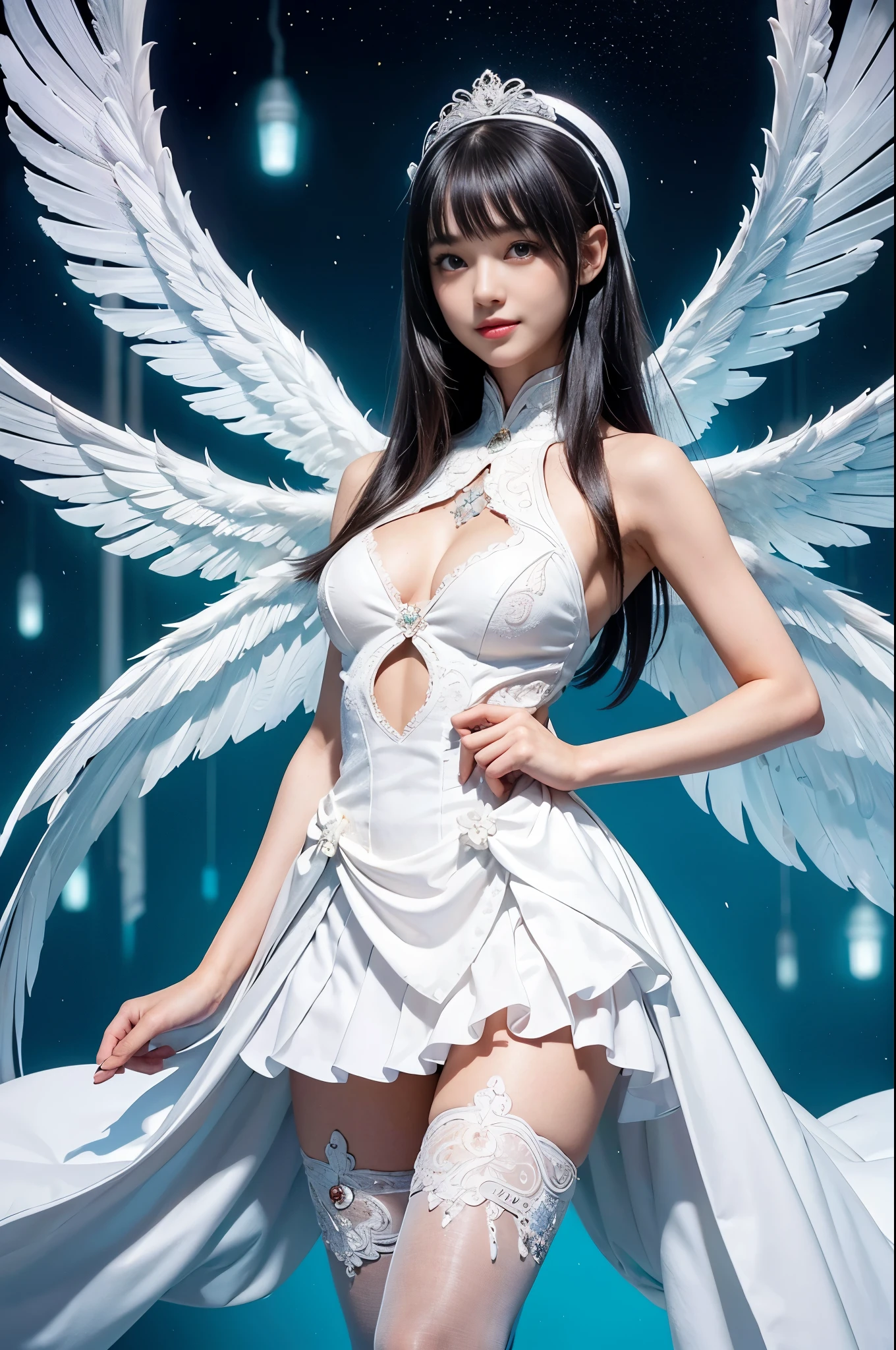 top-quality、tmasterpiece、超A high resolution、(Photorealsitic:1.4)、RAW photo、Solo,(Perfect body proportion),The upper part of the body,upper legs,Robot Angel、Large wing made of metal、(White porcelain body)、whaite hair、glowy skin、(1 Cyborg Girl)、((Super realistic details))、porate、globalillumination、black shadows、octan render、8K、ultrasharp、Character edge light,Colossal 、Raw skin is exposed in cleavage、Details of complex ornaments、Sumerian detail hydraulic cylinder、small led lights、highly intricate detail、Realistic light、a purple eye、Radiant eyes、Facing the camera、neon light detail、cow boy shot、Futuristic headgear、Floor plan about the《cyber punk perssonage》、、
