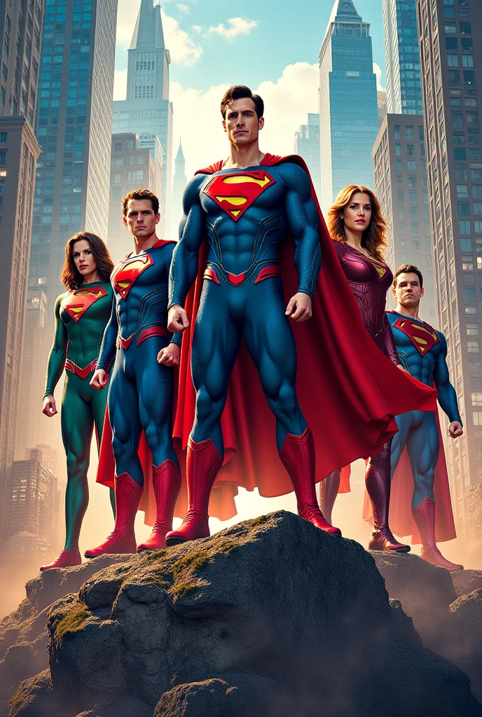 (Superheroes celebrating a victory after a fight