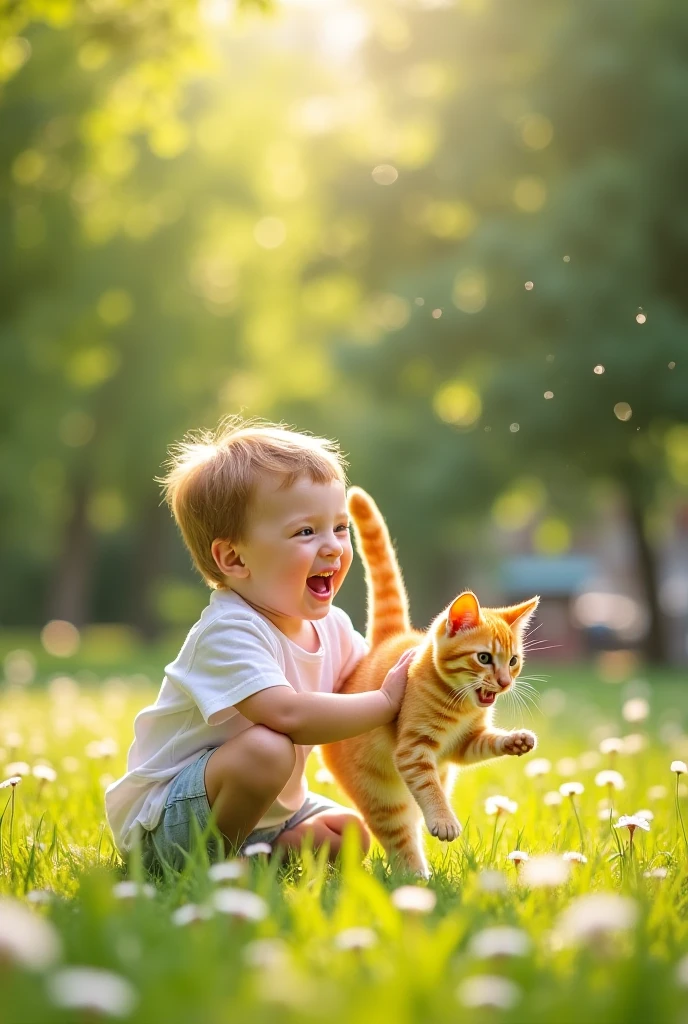 A boy and a grown kitten are playing in the garden in the bright summer sunshine. a happy scene
