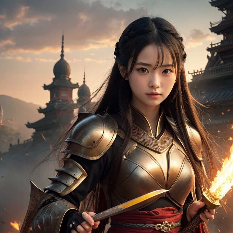 Japanese girls, long black hair、cute beautiful girl Sengoku period、Dragon Armor、Fight against dragons with Dragon Sword