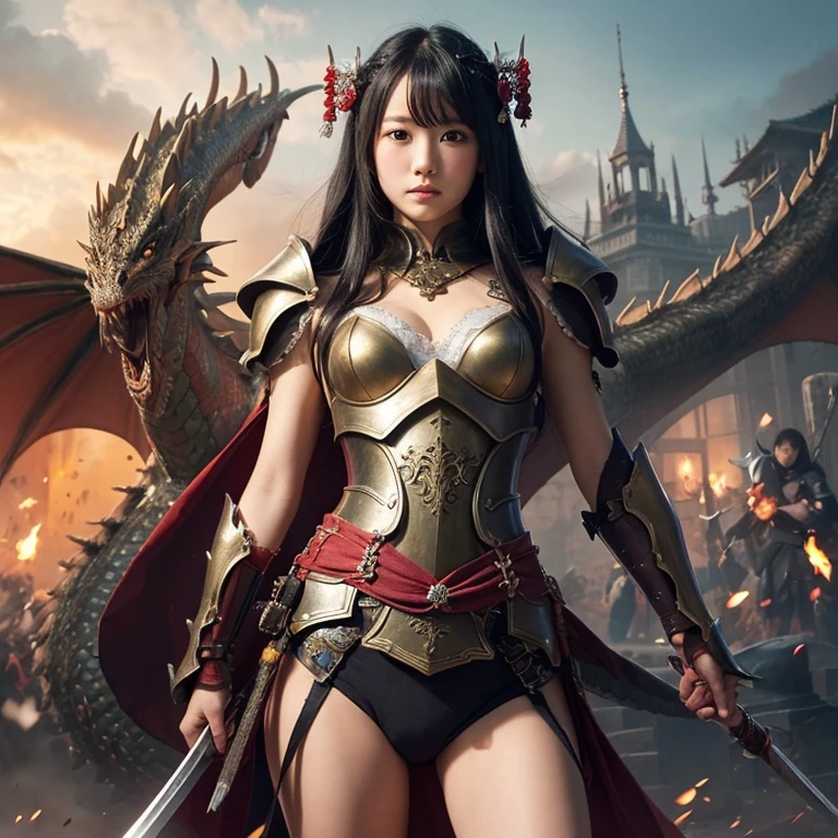 Professional , masterpiece、top-quality、photos realistic , depth of fields 、(Dragon Black Metal Body:1.9),(Mattretto、(cleavage of the breast)、Dragon Gold Weapon、(Micro Bikini Armor:1.4),Gorgeous gold weapons ,Particles of light、Particles of light、(( Dragon's dense and gorgeous sword)) , (demonic wings)、((a blond))、(Castle background)、Fight dragons、((Gangle's forest background))、Take intense poses、Beautiful Caucasian beauty、1a person、dynamic ungle,(((Detailed and ornate dragon helmet)))、Smaller head、A smile、Castle background、Thin and beautiful female hands、cleavage of the breast、Soldier in iron armor on background、Mystical expression、Light Effects、intense fighting、Wind-effect、magic circles、With the legendary magic wand、Dragon's tail、explosions、