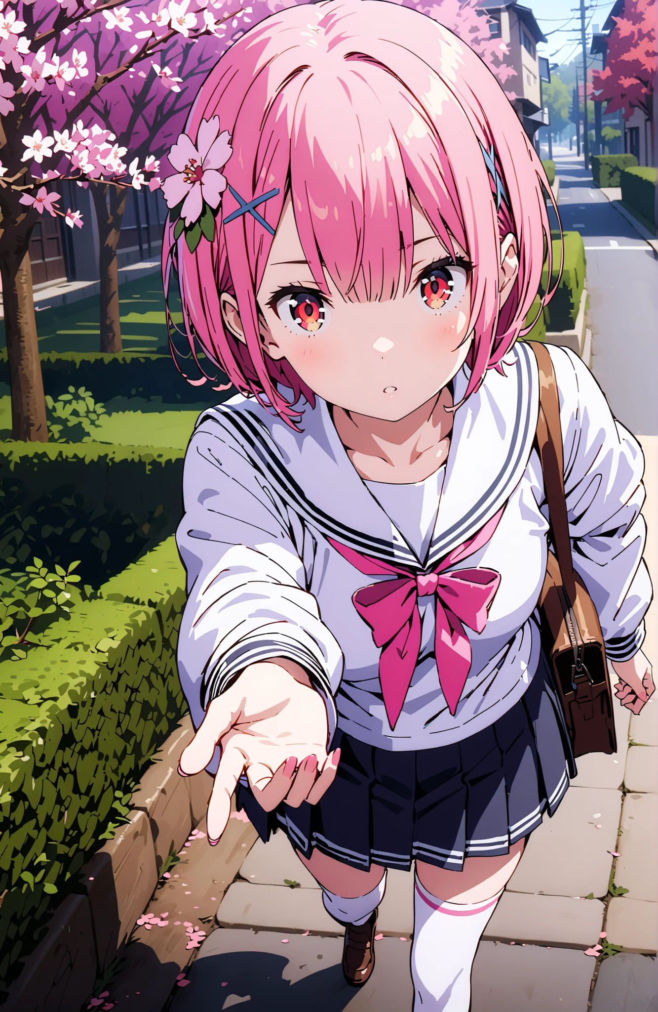 Ram, hair flower, Hair Ornament, hair on one eye, pink hair, Red Eyes, short hair, x Hair Ornament,white sailor suit,long sleeve, black mini pleated skirt ,white thigh high socks,loafers,Student bag 1 :1,cherry blossoms,is walking,morning,full bodyがイラストに入るように,break looking at viewer,full body,
break outdoors, residential area,
break (masterpiece:1.2), best quality in bronze, high resolution, Unity 8Kの壁紙, ( illustration :0.8), (beautiful detailed eyes:1.6), highly detailed face, perfect lighting, highly detailed CG, (perfect hand, perfect anatomy),