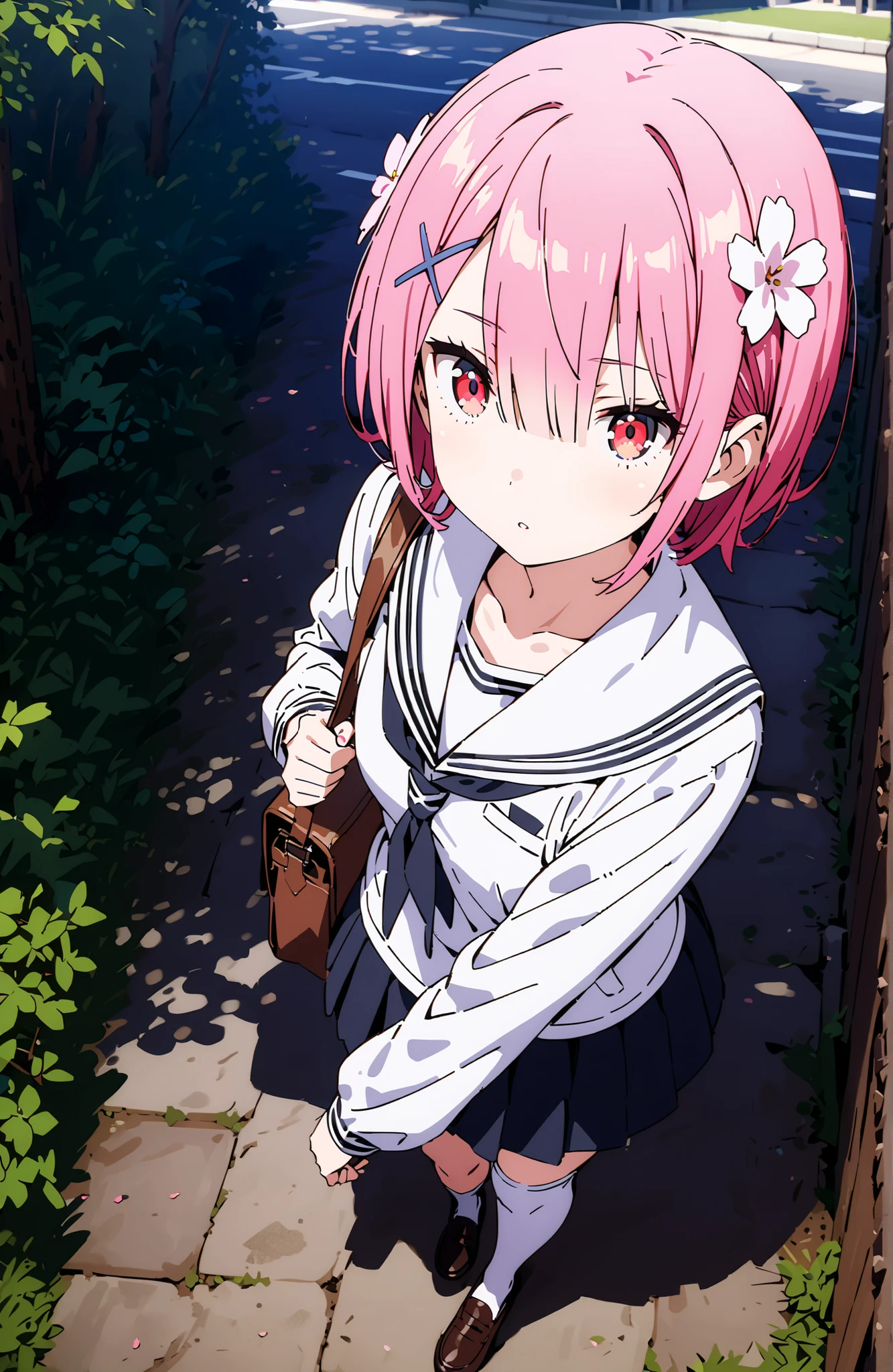 Ram, hair flower, Hair Ornament, hair on one eye, pink hair, Red Eyes, short hair, x Hair Ornament,white sailor suit,long sleeve, black mini pleated skirt ,white thigh high socks,loafers,Student bag 1 :1,cherry blossoms,is walking,morning,full bodyがイラストに入るように,break looking at viewer,full body,
break outdoors, residential area,
break (masterpiece:1.2), best quality in bronze, high resolution, Unity 8Kの壁紙, ( illustration :0.8), (beautiful detailed eyes:1.6), highly detailed face, perfect lighting, highly detailed CG, (perfect hand, perfect anatomy),