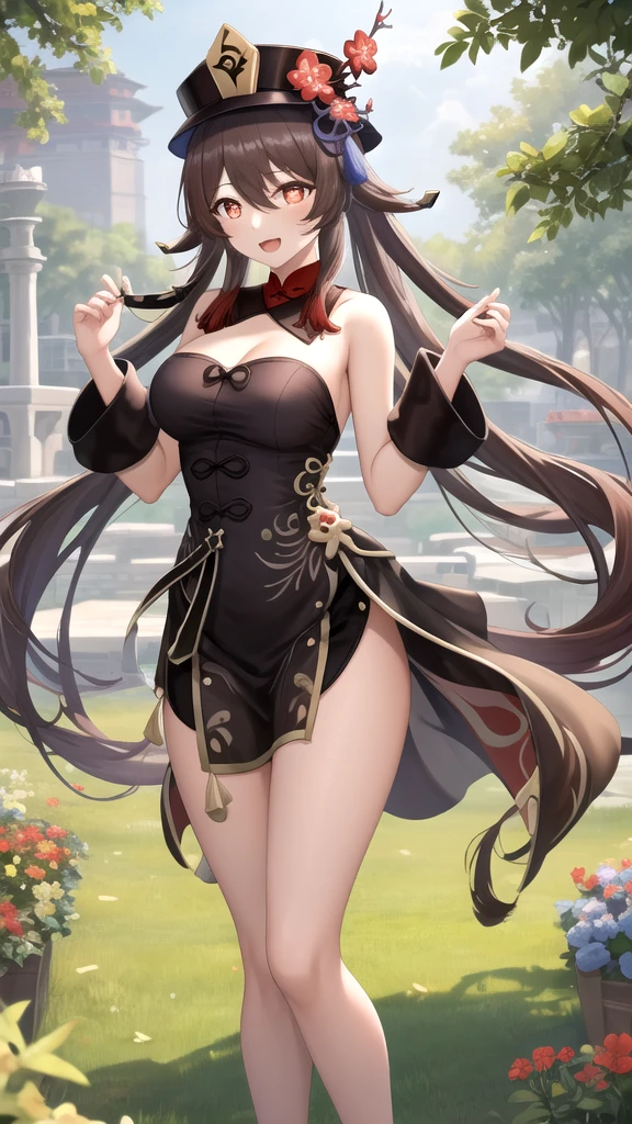masterpiece, best quality,
1girl, hu tao (genshin impact),china dress,outdoor, clear sky ,full body, brown hair, hat,  long hair,  standing, hand on chest ,jewelry, smile, looking at the viewers, twintails, blush, symbol-shaped pupils,flower-shaped pupils, red eyes, flower, thighhighs, thighhighs, leg cutout<lora:hutao_v2:0.8>