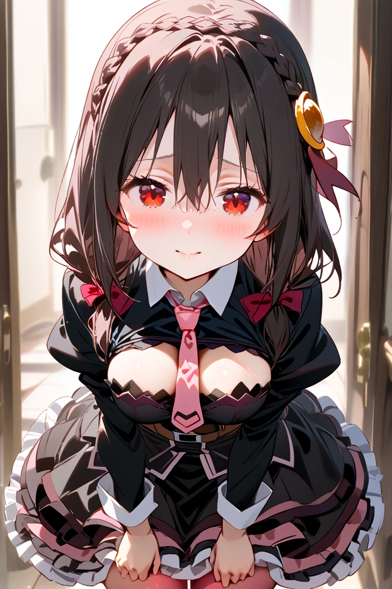 NSFW,masterpiece,Highest quality,High resolution,Super detailed,Nekone \(Utawarerumono\),Brown Hair、（Red Eye：1.3）、ribbon,Twin tails、ヘアribbon、Mole、目の下のMole,Small breasts,Fantasy World,Shopping Street,Alley,Japanese style,Removable sleeves,mini skirt,leotard,Half-naked,Open clothes,Embarrassed,blush,(Seduce),(male),A man puts his hands on her waist and hugs her