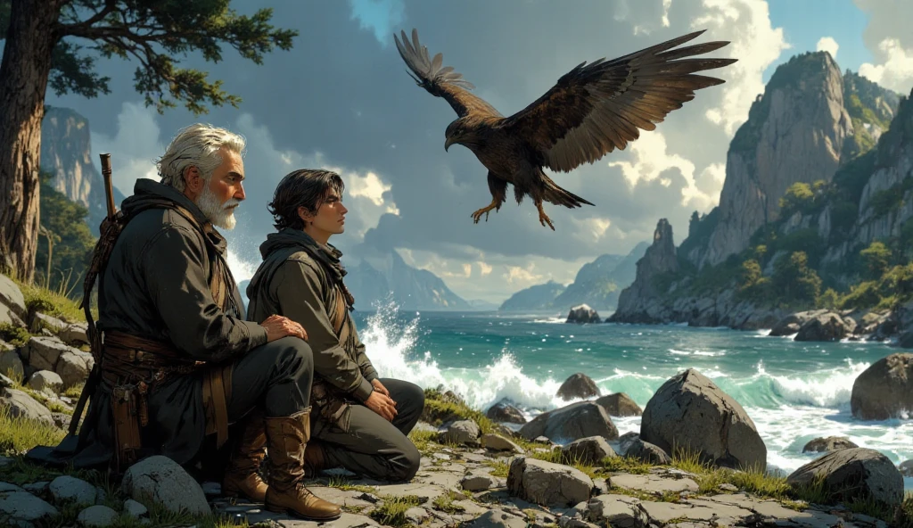 (obra-prima,  great quality, ultra-detailed, obra-prima, kneeling, film grain, ultra-detailed, Videografia, ultra-real, concept art, tema escuro)a 65-year-old man with white hair and beard and simple clothes next to a 20-year-old man with brown hair and eyes and a thin beard looking up at the sky watching a big and strong bird fly