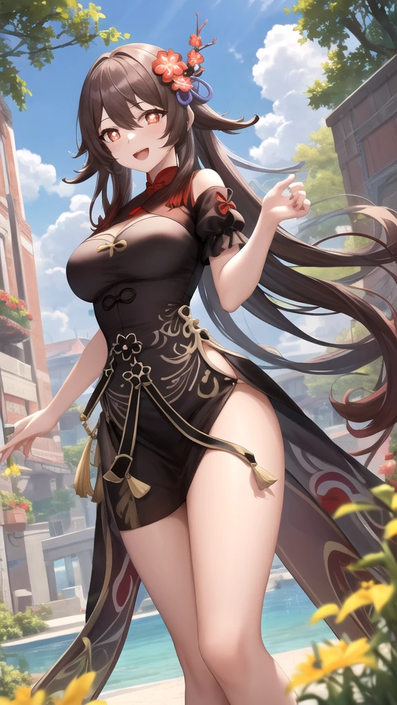 ((Detailed, 8k, masterpiece, high definition)) Ember, solo, 1 girl, girl made of fire, wide hips, big ass, big breasts, sexy seductive posture, dynamic pose, bedroom, ((Detailed, 8k, masterpiece, high definition)) sexy seductive tight cut out dress,  tight highs, high heels, garter straps underneath, chocker, arm sleeves, sexy seductive smile on face, ((full body view)), ready to mate