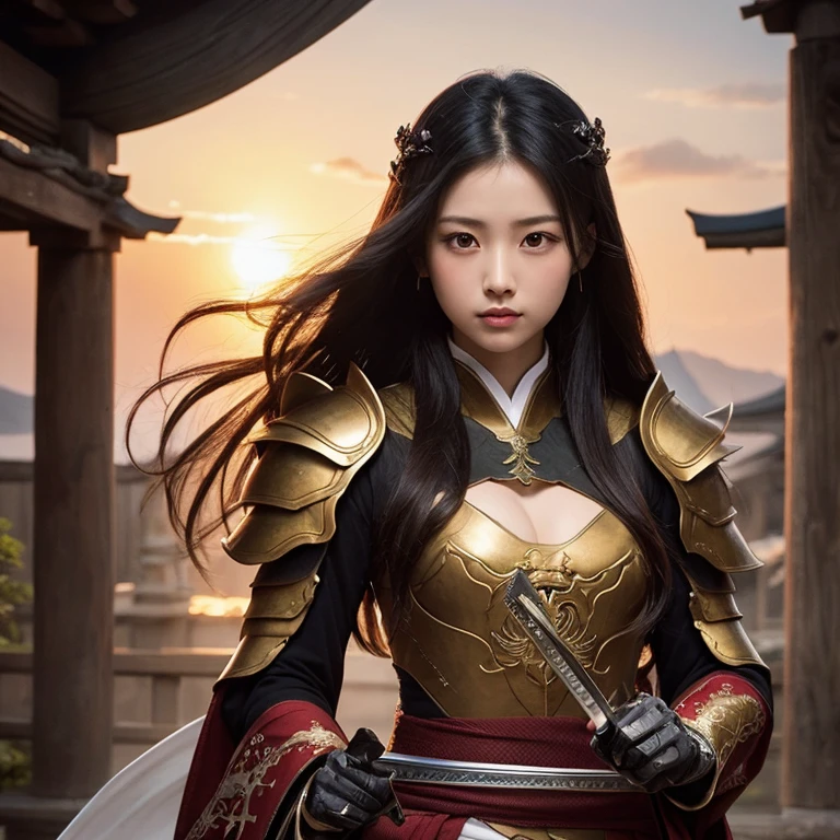 Japanese girls, long black hair、cute beautiful girl Sengoku period、Dragon Armor、Swordsman with a sword